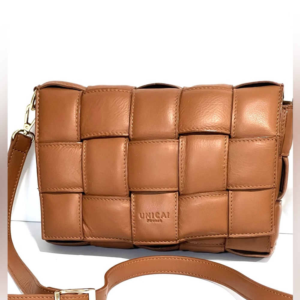 UNICA Firenze Woven Leather Quilted Padded Brown Cognac Crossbody Flip Bag NWOT
